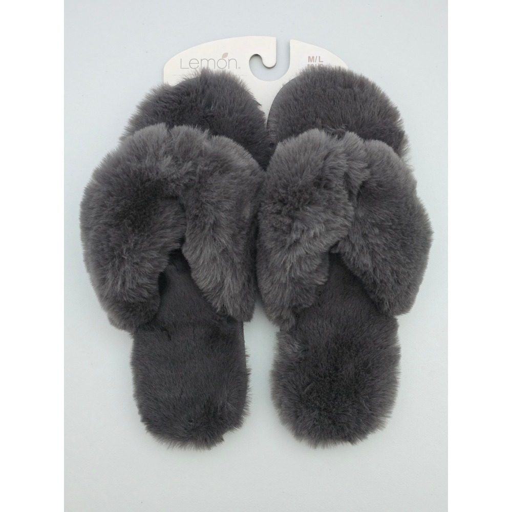 NWT Lemon Women's Dark Charcoal Grey Faux Fur Cross Strap Slippers M/L 7/8